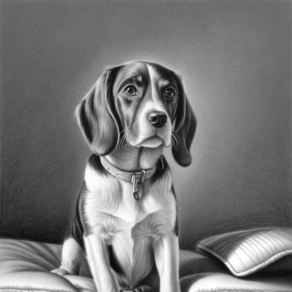 The same beagle as a pencil sketch portrait